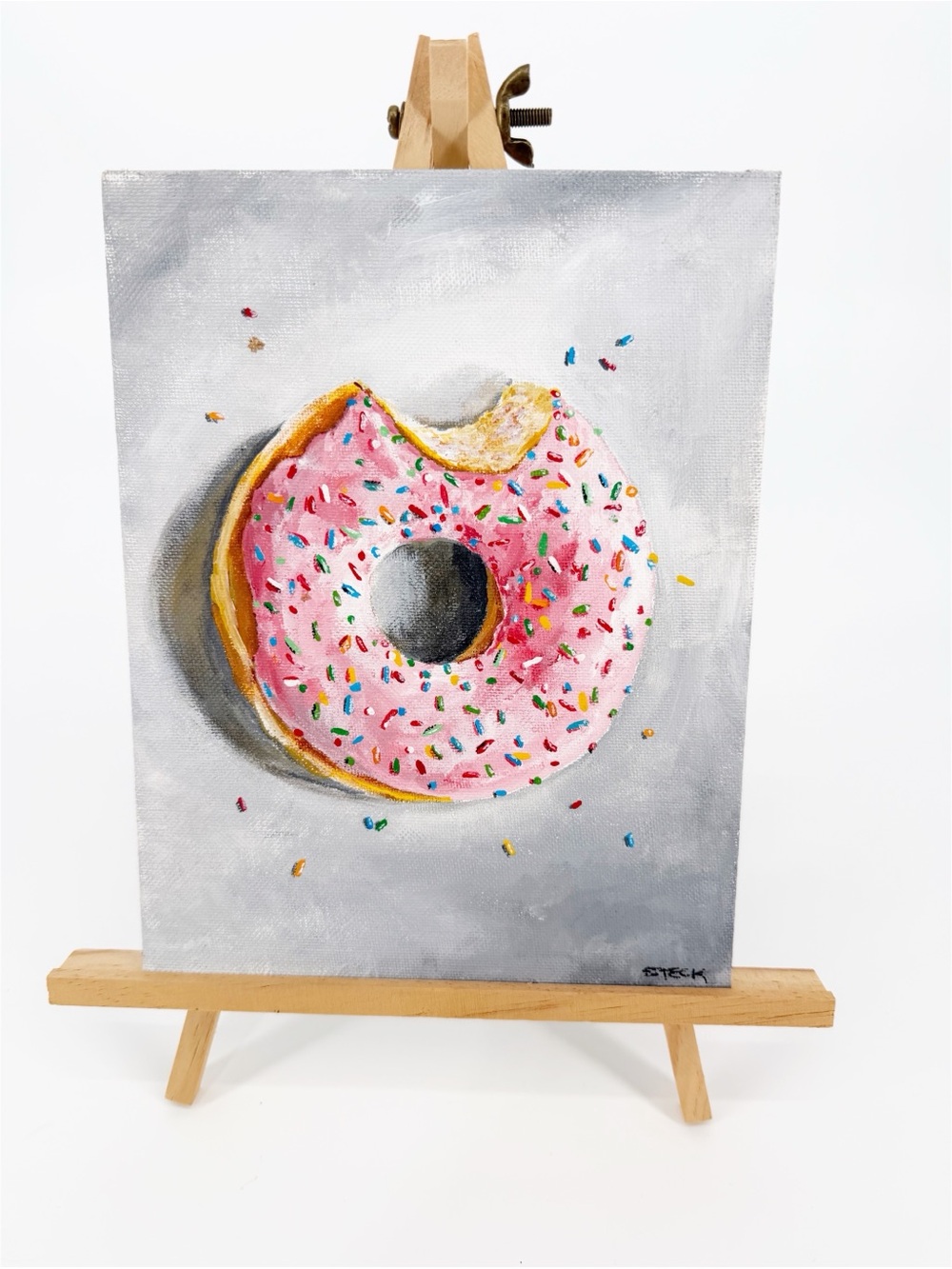 Original Donut with Pink Frosting Sprinkles Painting on Canvas Board 7"x9"